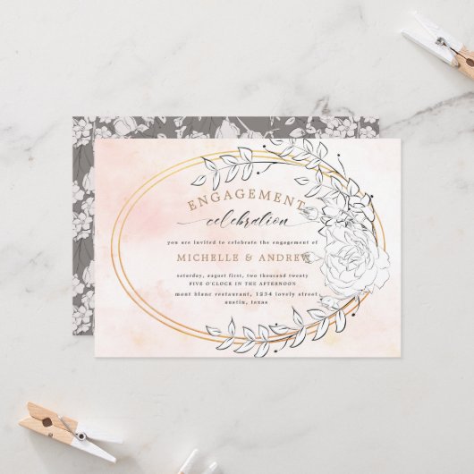 Modern Gold Blush Floral Verloving Invitation Kaart (Voorkant / Achterkant in situ)
