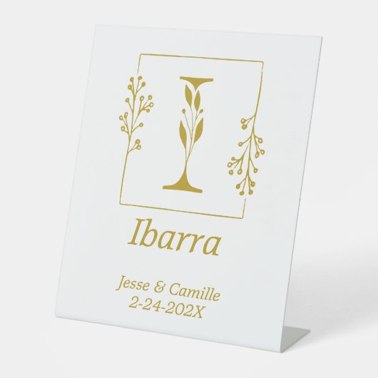 Modern Gold Botanical Letter I Wedding Reclamebord Met Voetstuk (Voorkant)