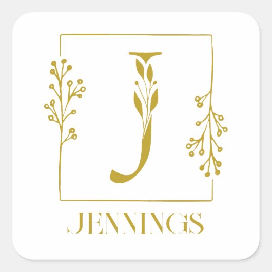 Modern Gold Botanical Monogram Letter J Vierkante Sticker (Voorkant)