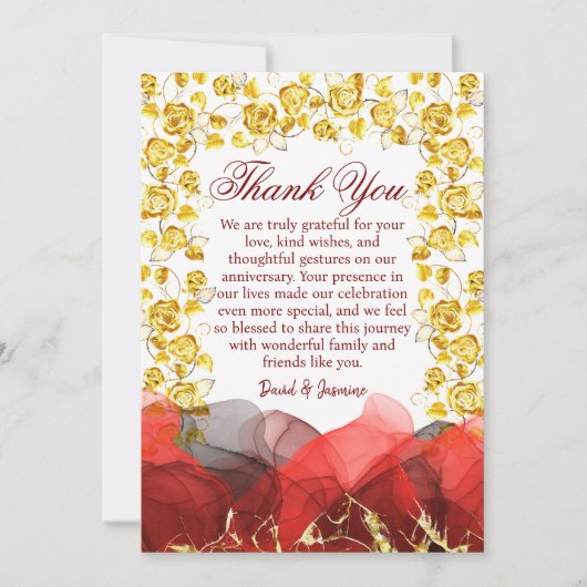 Modern Gold & Bourgondië Foral Wedding Jubileum Bedankkaart (Voorkant)