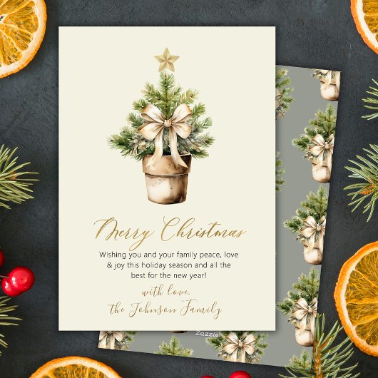 Modern Gold Bow Neutral Watercolor Christmas Feestdagenkaart