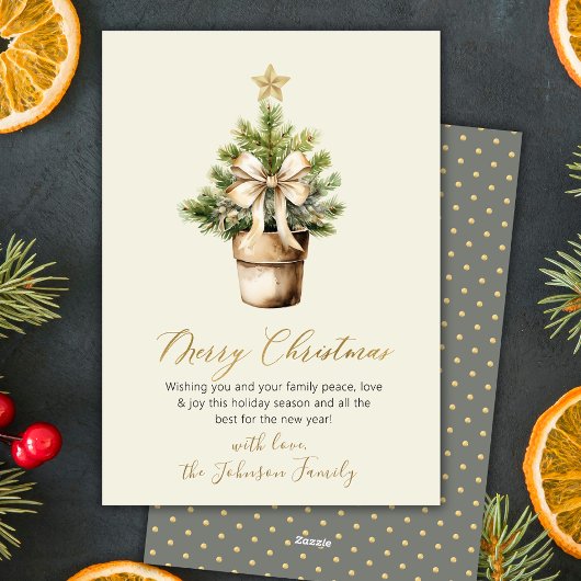 Modern Gold Bow Neutral Watercolor Christmas Tree Feestdagenkaart
