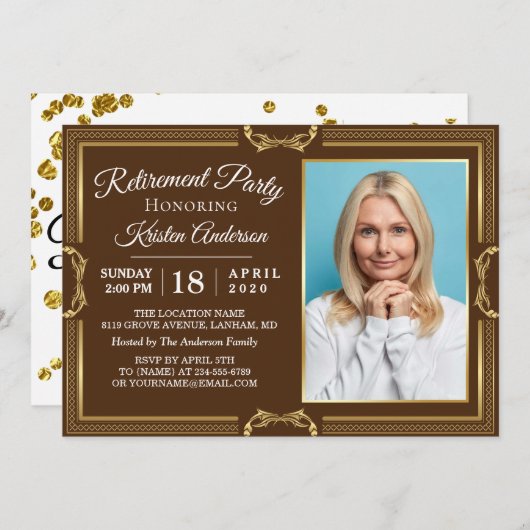 Modern Gold Brown Foto Retirement Party Kaart (Voorkant / Achterkant)