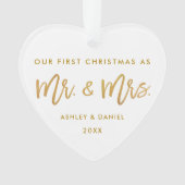 Modern Gold Brush Script First Kerstmis Mr Mrs. Ornament (voorkant)