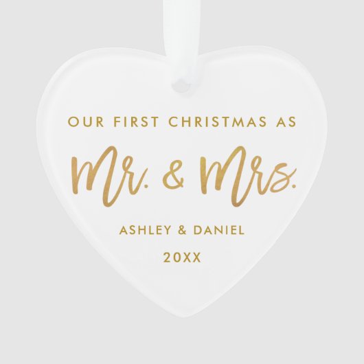 Modern Gold Brush Script First Kerstmis Mr Mrs. Ornament (voorkant)
