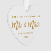 Modern Gold Brush Script First Kerstmis Mr Mrs. Ornament (voorkant)