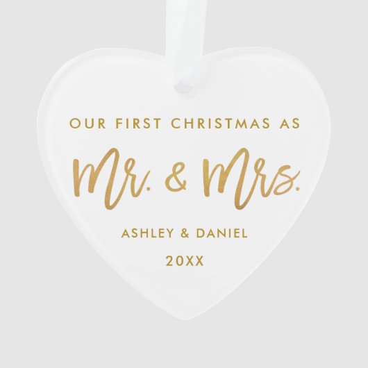 Modern Gold Brush Script First Kerstmis Mr Mrs. Ornament (achterkant)
