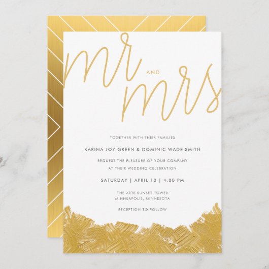 Modern Gold Brush Stroke Wedding Invitation Kaart (Voorkant / Achterkant)