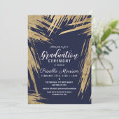Modern Gold Brushstrokes Navy Blue Chic Afstuderen Kaart (Staand voorkant)