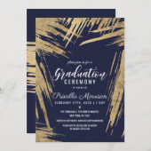Modern Gold Brushstrokes Navy Blue Chic Afstuderen Kaart (Voorkant / Achterkant)