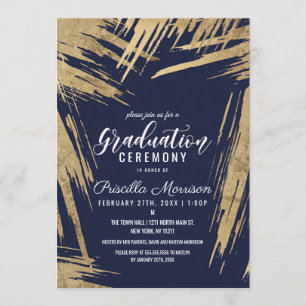 Modern Gold Brushstrokes Navy Blue Chic Afstuderen Kaart
