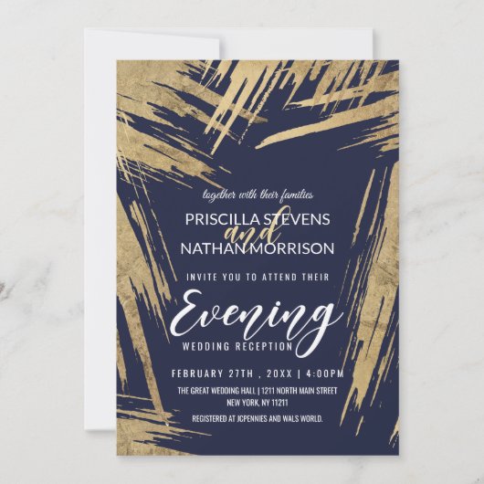 Modern Gold Brushstrokes Navy Blue Chic Evening Kaart (Voorkant)