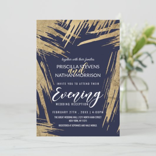 Modern Gold Brushstrokes Navy Blue Chic Evening Kaart (Staand voorkant)