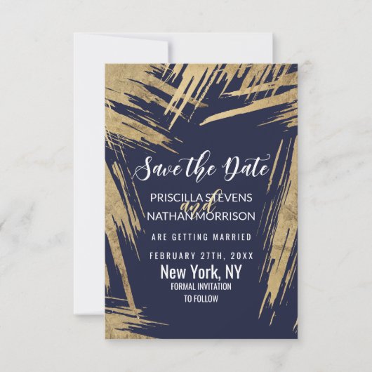 Modern Gold Brushstrokes Navy Blue Chic Save The Date (Voorkant)