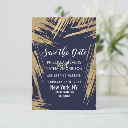 Modern Gold Brushstrokes Navy Blue Chic Save The Date (Staand voorkant)