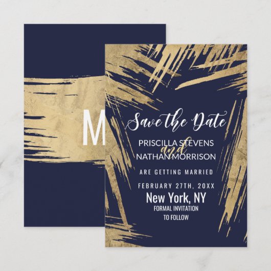 Modern Gold Brushstrokes Navy Blue Chic Save The Date (Voorkant / Achterkant)