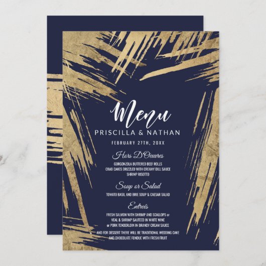 Modern Gold Brushstrokes Navy Blue Wedding Menu Kaart (Voorkant / Achterkant)