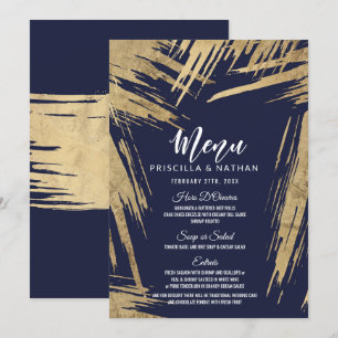 Modern Gold Brushstrokes Navy Blue Wedding Menu Kaart