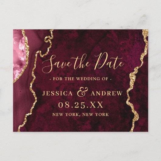Modern Gold Burgundy Agate Wedding Save the Date Briefkaart (Voorkant)
