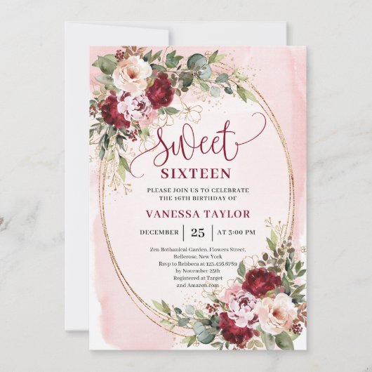 Modern Gold Burgundy Floral Sweet Sixteen Card Kaart (Voorkant)
