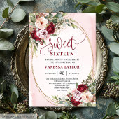 Modern Gold Burgundy Floral Sweet Sixteen Card Kaart