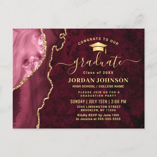 Modern Gold Burgundy Graduation Party Invitation Briefkaart (Voorkant)