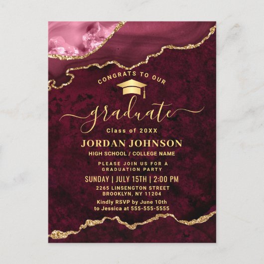 Modern Gold Burgundy Graduation Party Invitation  Briefkaart (Voorkant)