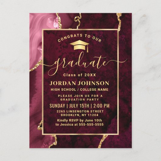 Modern Gold Burgundy Graduation Party Invitation Briefkaart (Voorkant)