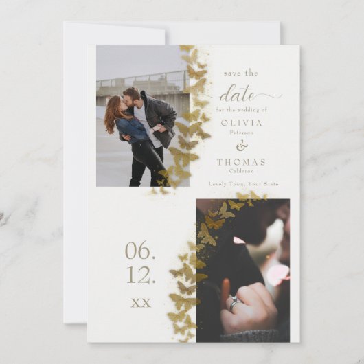 Modern Gold Butterflies Elegant 3 Photos Wedding Save The Date (Voorkant)