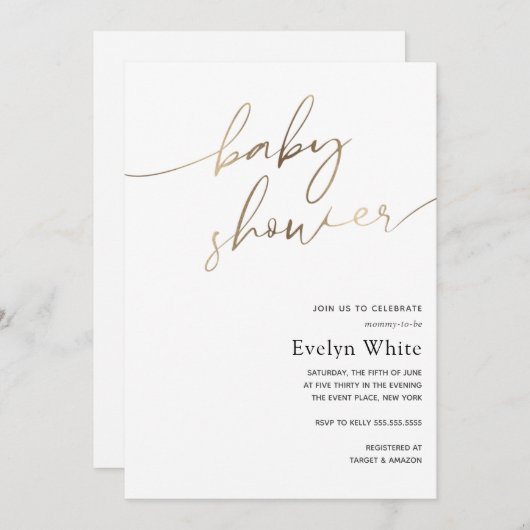 Modern Gold Calligraphy Baby shower Kaart (Voorkant / Achterkant)