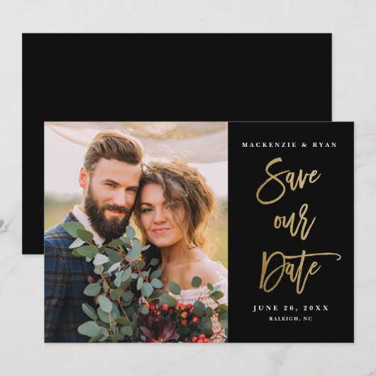 Modern Gold Calligraphy Black Photo Wedding Save The Date (Voorkant / Achterkant)