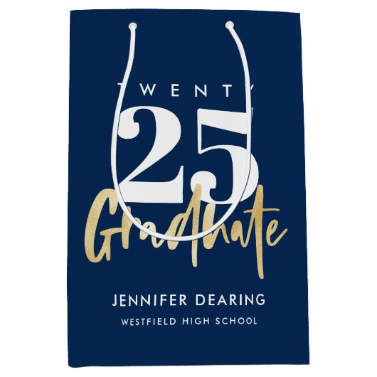 Modern Gold Calligraphy Blue Afstuderen Medium Cadeauzakje (Voorkant)