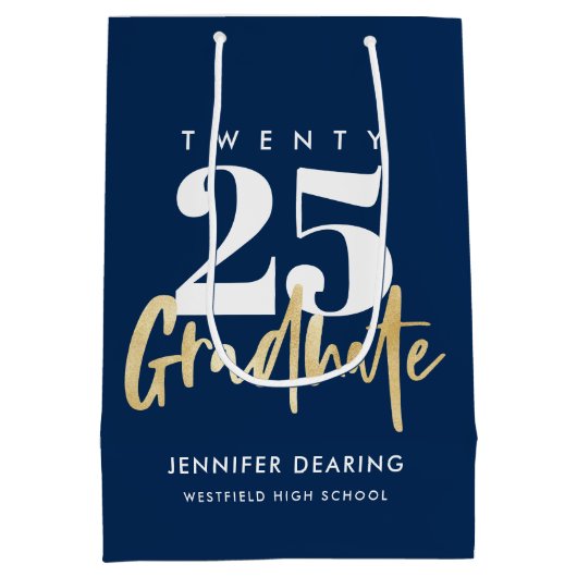 Modern Gold Calligraphy Blue Afstuderen Medium Cadeauzakje (Achterkant)