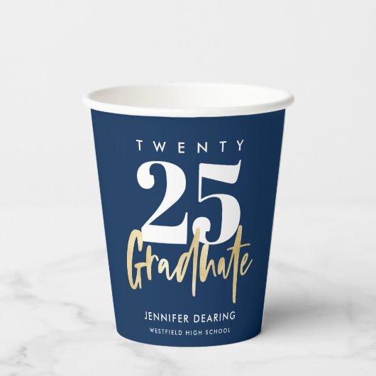 Modern Gold Calligraphy Blue Afstuderen Papieren Bekers (Achterkant)