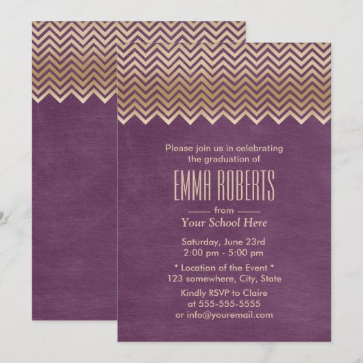 Modern Gold Chevron Stripes Paars Afstuderen Kaart (Voorkant / Achterkant)