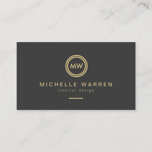 Modern Gold Circle Monogram Initialen op Donkergri Visitekaartje (Voorkant)