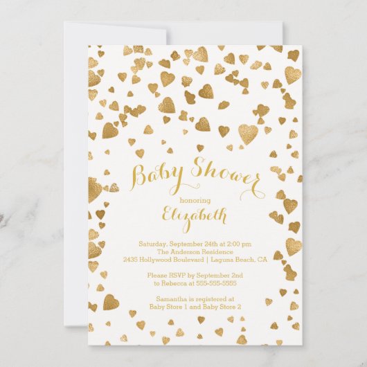 Modern Gold Confetti Hearts Baby shower Invitation Kaart (Voorkant)