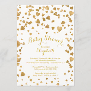 Modern Gold Confetti Hearts Baby shower Invitation Kaart