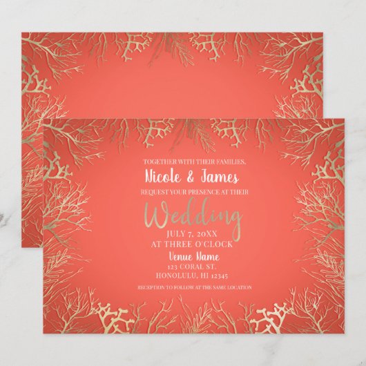Modern Gold Coral Oranje Elegant Beach Wedding Kaart (Voorkant / Achterkant)