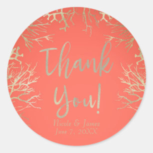 Modern Gold Coral Oranje Elegant Beach Wedding Ronde Sticker