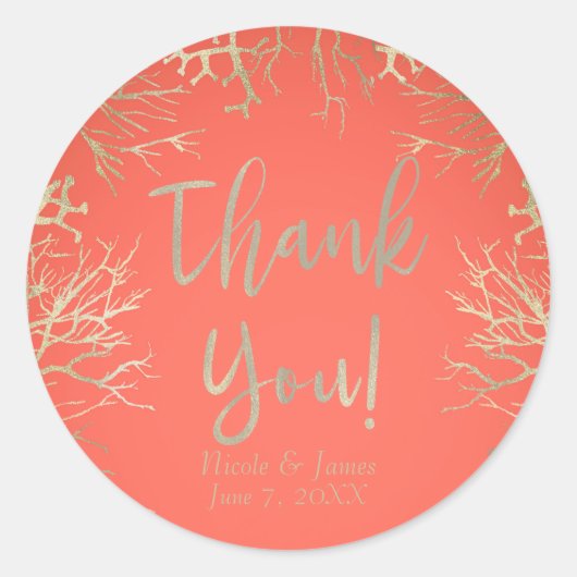 Modern Gold Coral Oranje Elegant Beach Wedding Ronde Sticker (Voorkant)