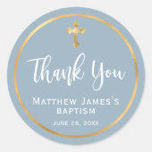 Modern Gold Cross Light Dusty Blue Boy Baptism Ronde Sticker (Voorkant)