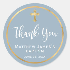Modern Gold Cross Light Dusty Blue Boy Baptism  Ronde Sticker