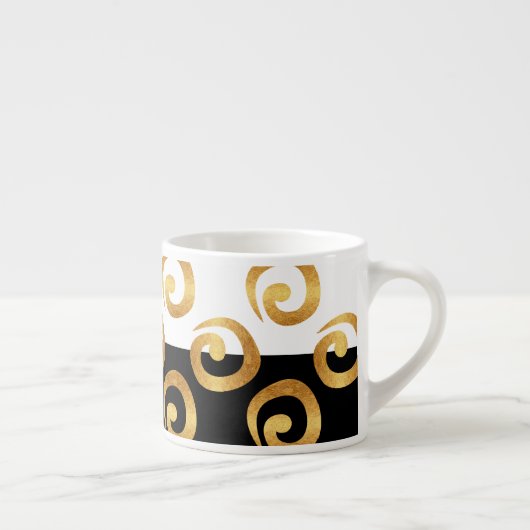 Modern Gold Curls Pattern op Black and White Espresso Kop (Rechts)