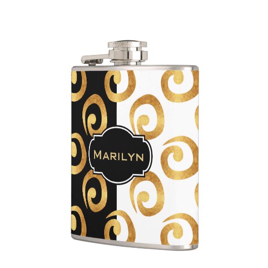 Modern Gold Curls Pattern op Black and White Heupfles (Links)