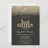 Modern Gold Diamonds Confetti Black Sweet 16 Kaart (Voorkant)