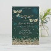 Modern Gold Diamonds Masque Green Quinceañera Kaart (Staand voorkant)