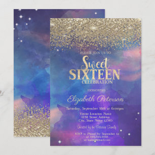Modern Gold Diamonds Paint Splash Sweet 16 Kaart