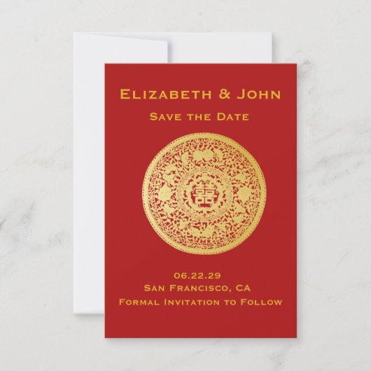 Modern Gold Double Happiness Wedding No.10 Save The Date (Voorkant)