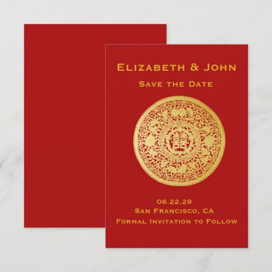Modern Gold Double Happiness Wedding No.10 Save The Date (Voorkant / Achterkant)